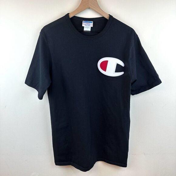 Champion Blue Bar Vintage 70s Black Big Stitched‎ Logo T Shirt Men’s L - Picture 1 of 10